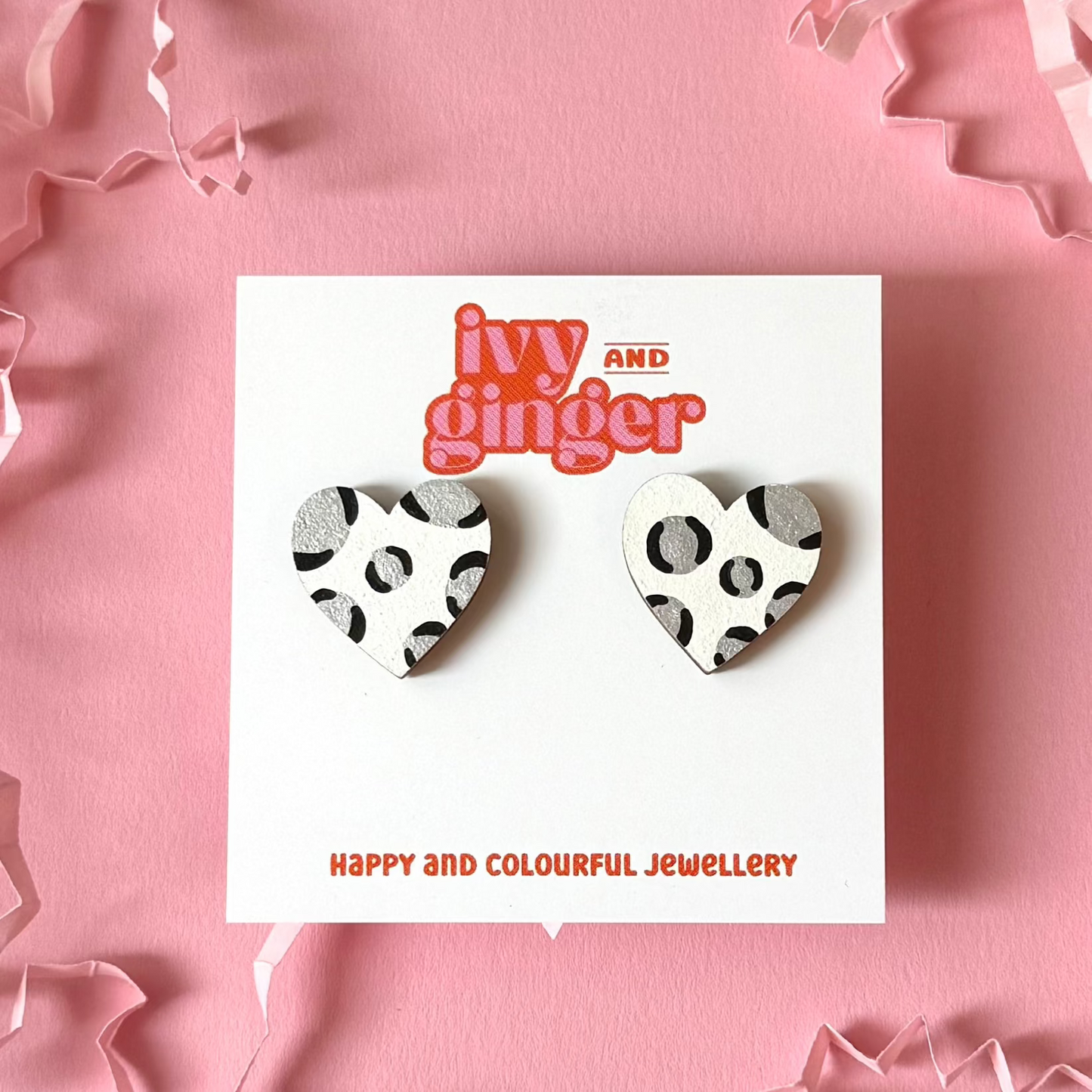 ONE OFF DESIGN: Large metallic silver leopard print heart stud statement earrings