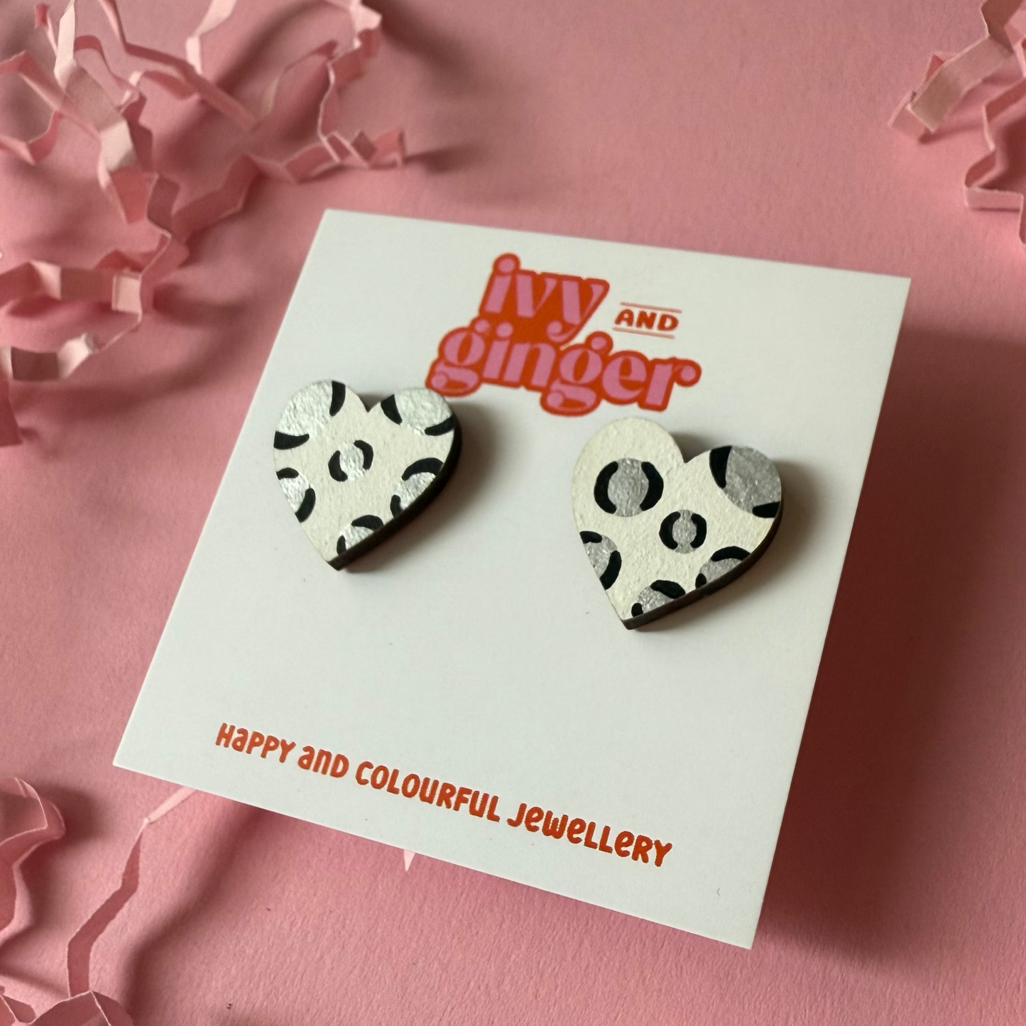 ONE OFF DESIGN: Large metallic silver leopard print heart stud statement earrings