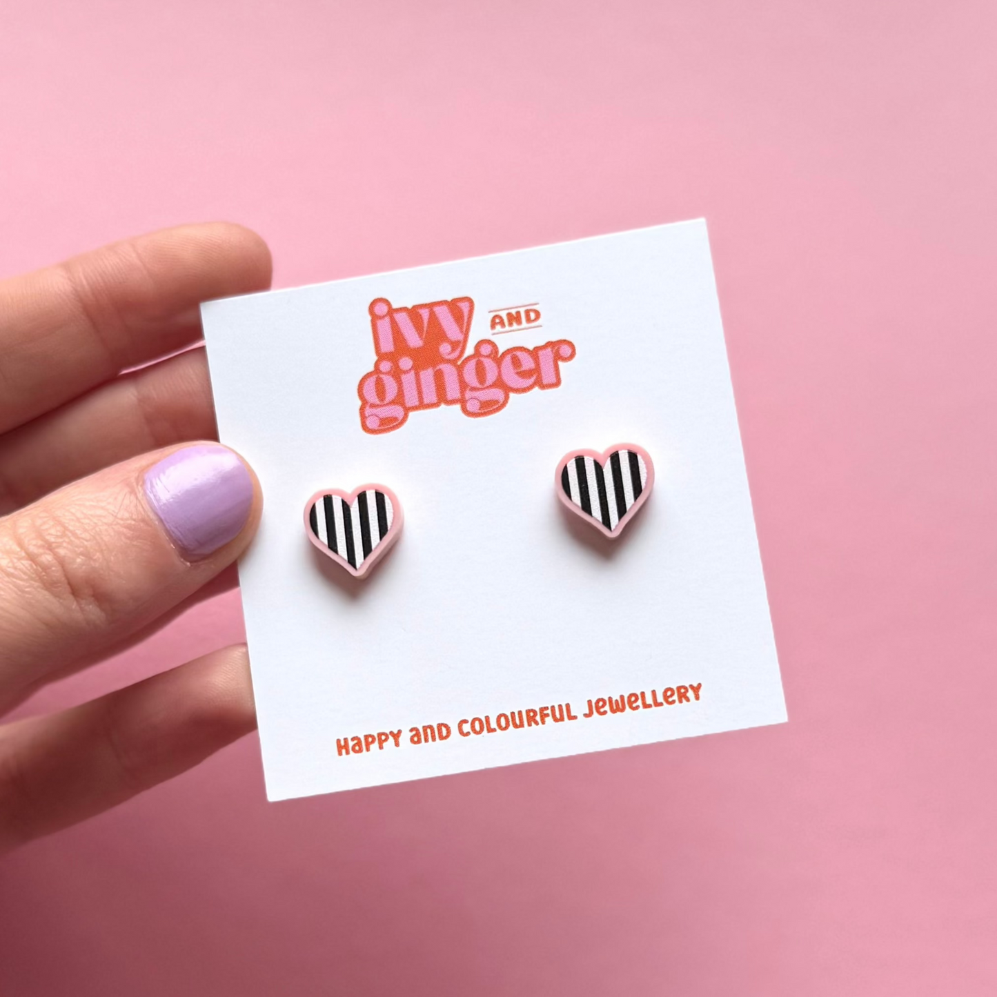 Midi pastel pink monochrome stripe heart stud earrings