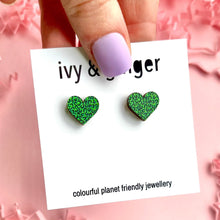 Load image into Gallery viewer, green leopard print heart studs
