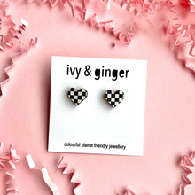 Load image into Gallery viewer, checkerboard print heart studs
