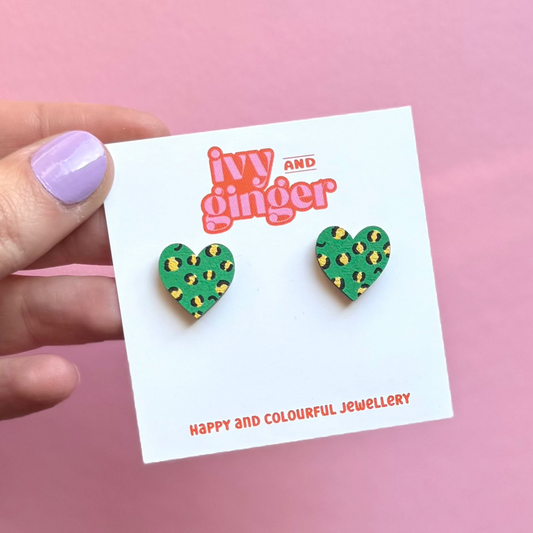ONE OFF DESIGN: Midi green and gold leopard print heart stud statement earrings