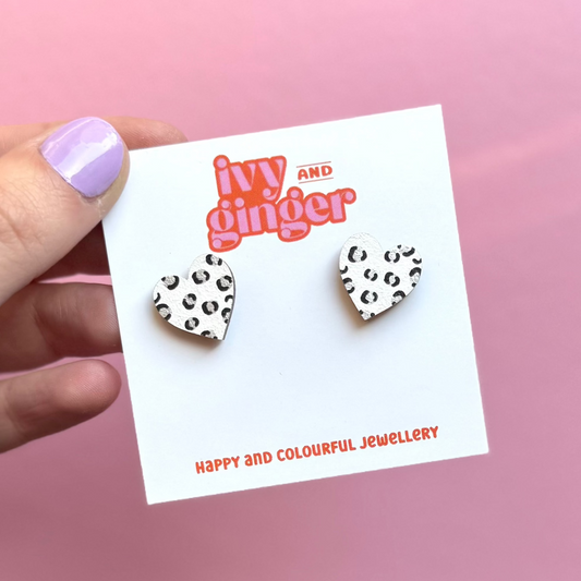 ONE OFF DESIGN: Midi white and metallic silver leopard print heart stud statement earrings