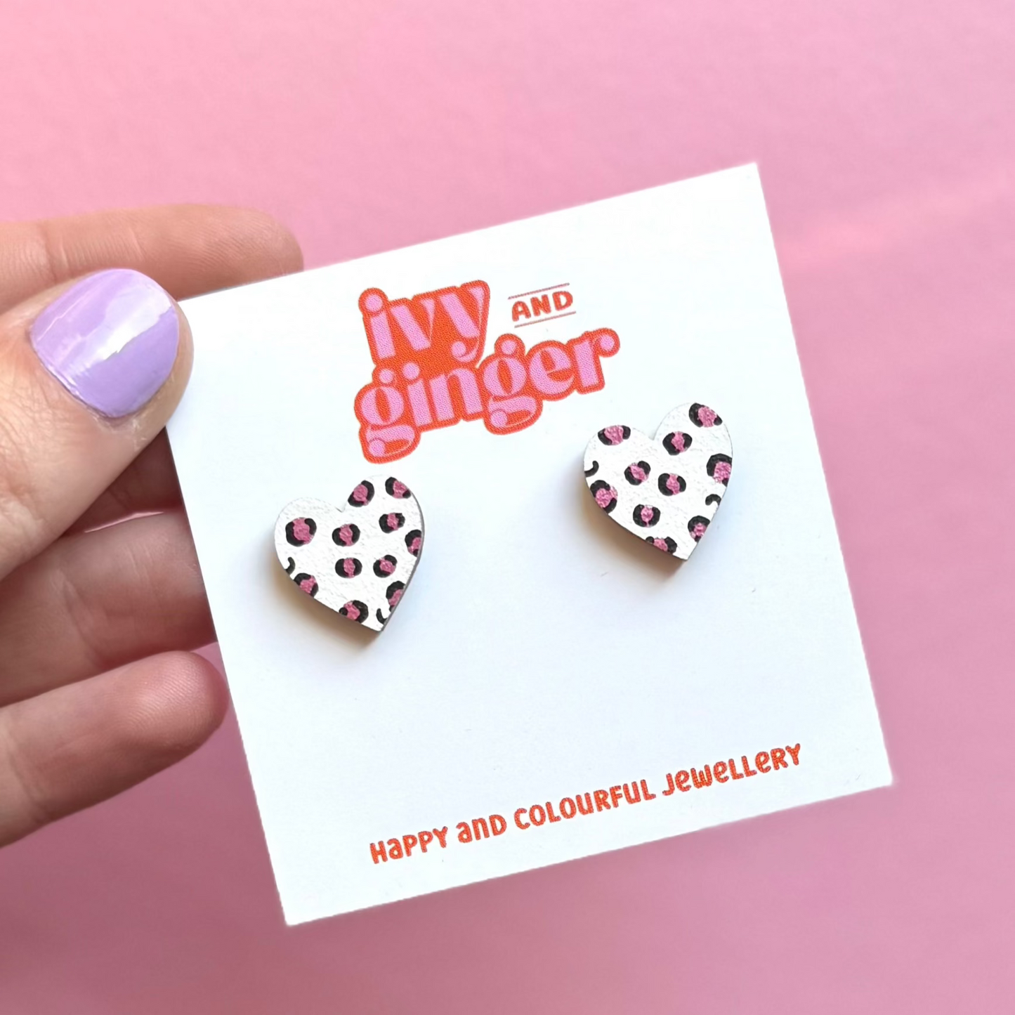 ONE OFF DESIGN: Midi white and metallic pink leopard print heart stud statement earrings