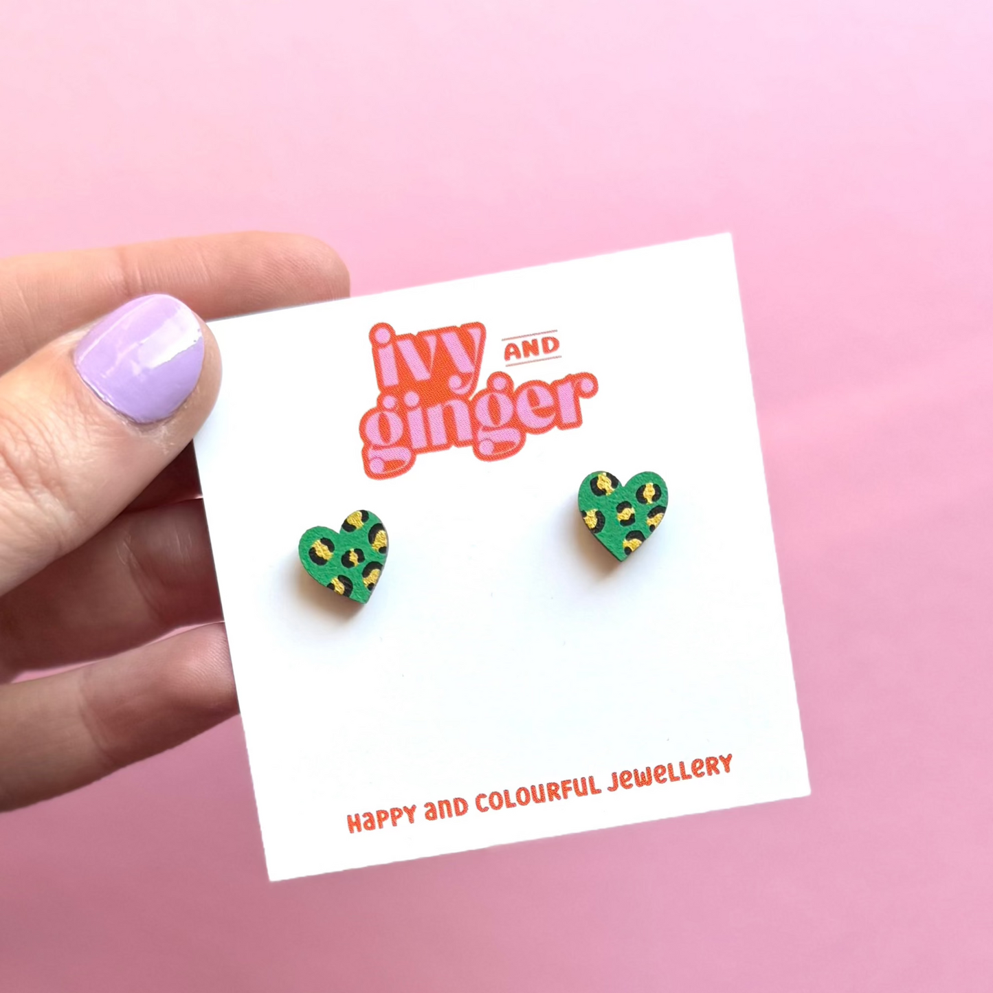 ONE OFF DESIGN: Mini green and gold leopard print heart stud statement earrings