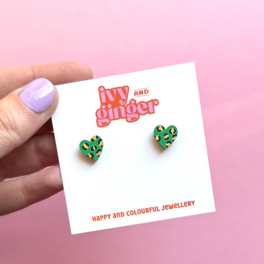 ONE OFF DESIGN: Mini green and gold leopard print heart stud statement earrings