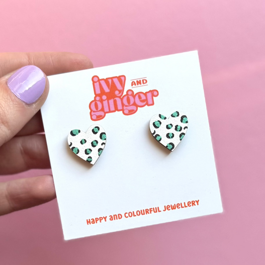 ONE OFF DESIGN: Midi white and metallic green leopard print heart stud statement earrings