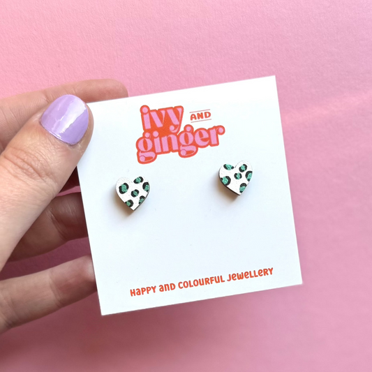 ONE OFF DESIGN: Mini white and metallic green leopard print heart stud statement earrings
