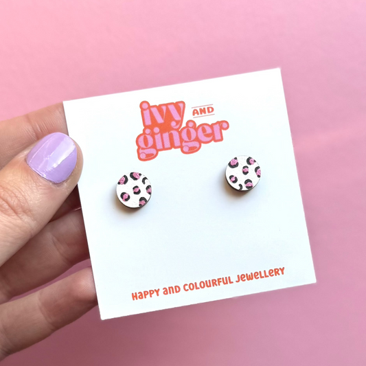 ONE OFF DESIGN: Mini white and metallic pink leopard print circle stud statement earrings