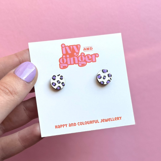 ONE OFF DESIGN: Mini white and metallic purple leopard print circle stud statement earrings