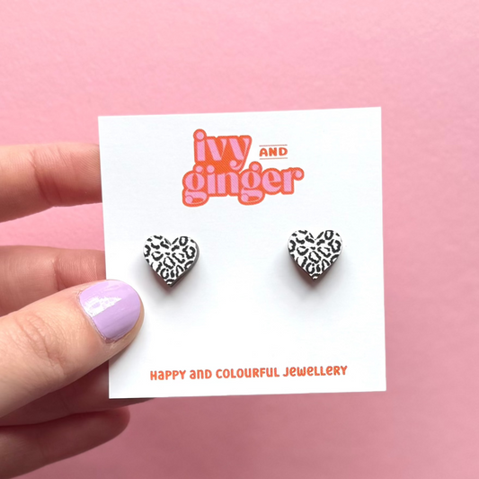 Midi black and white leopard print heart stud earrings