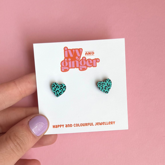 Mini teal and black leopard print heart stud earrings