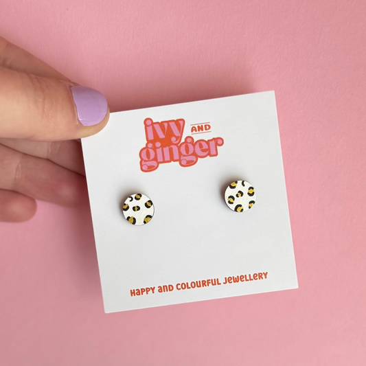 Mini white and gold circle leopard print stud earrings