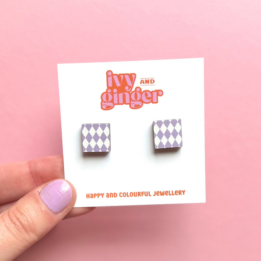 Midi lilac harlequin square stud earrings