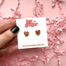 Load image into Gallery viewer, Mini leopard print heart orange and gold stud earrings
