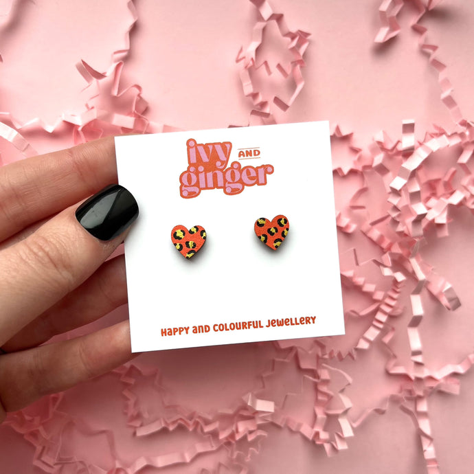 Mini leopard print heart orange and gold stud earrings