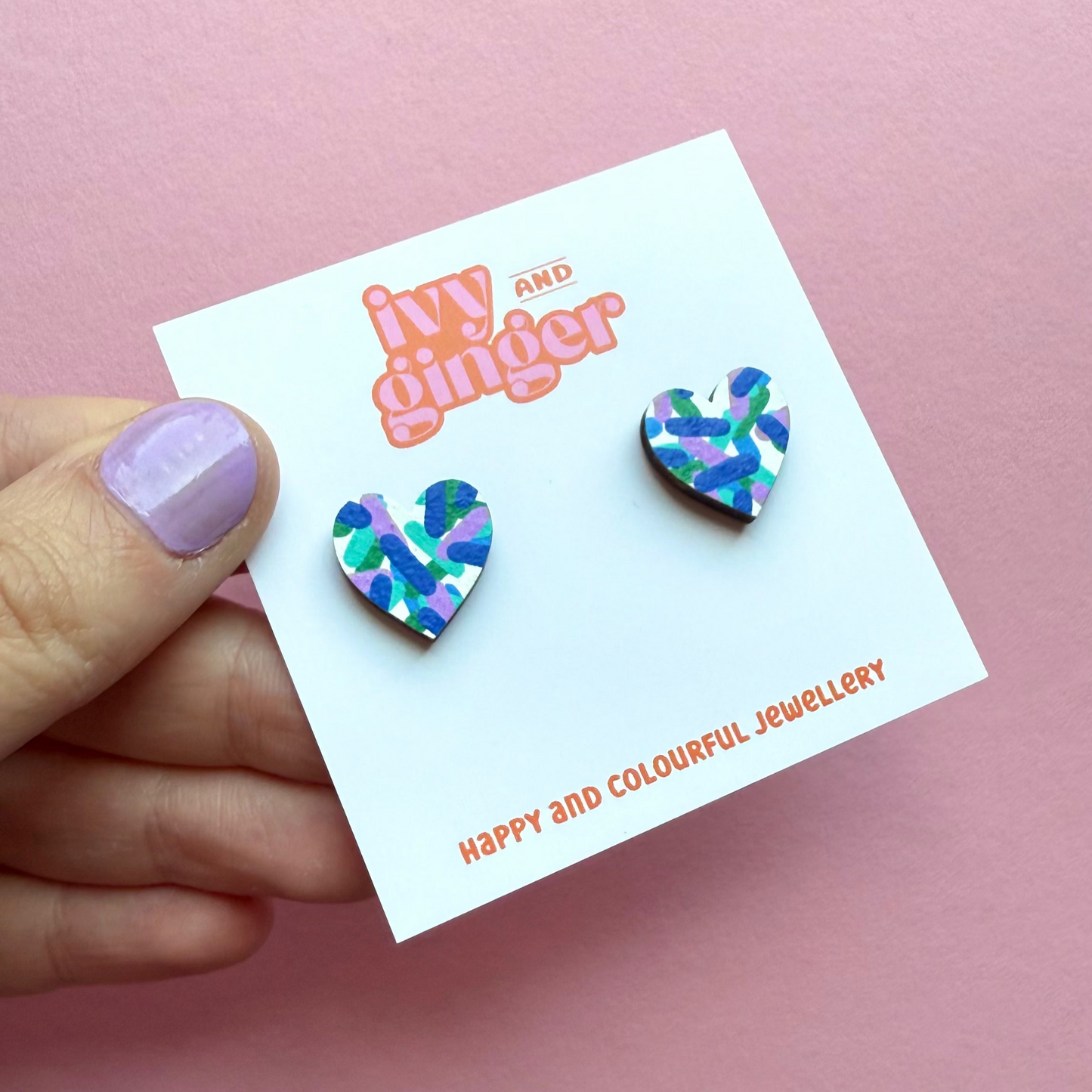 Blue confetti print midi heart stud earrings