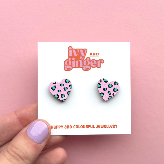 Pink and teal leopard print midi heart stud earrings
