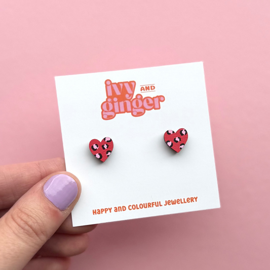 Red and pink leopard print mini heart stud earrings