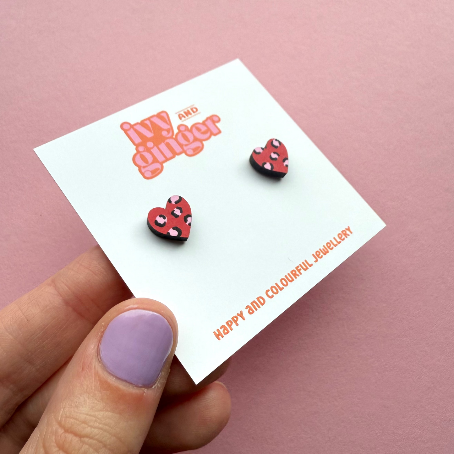 Red and pink leopard print mini heart stud earrings