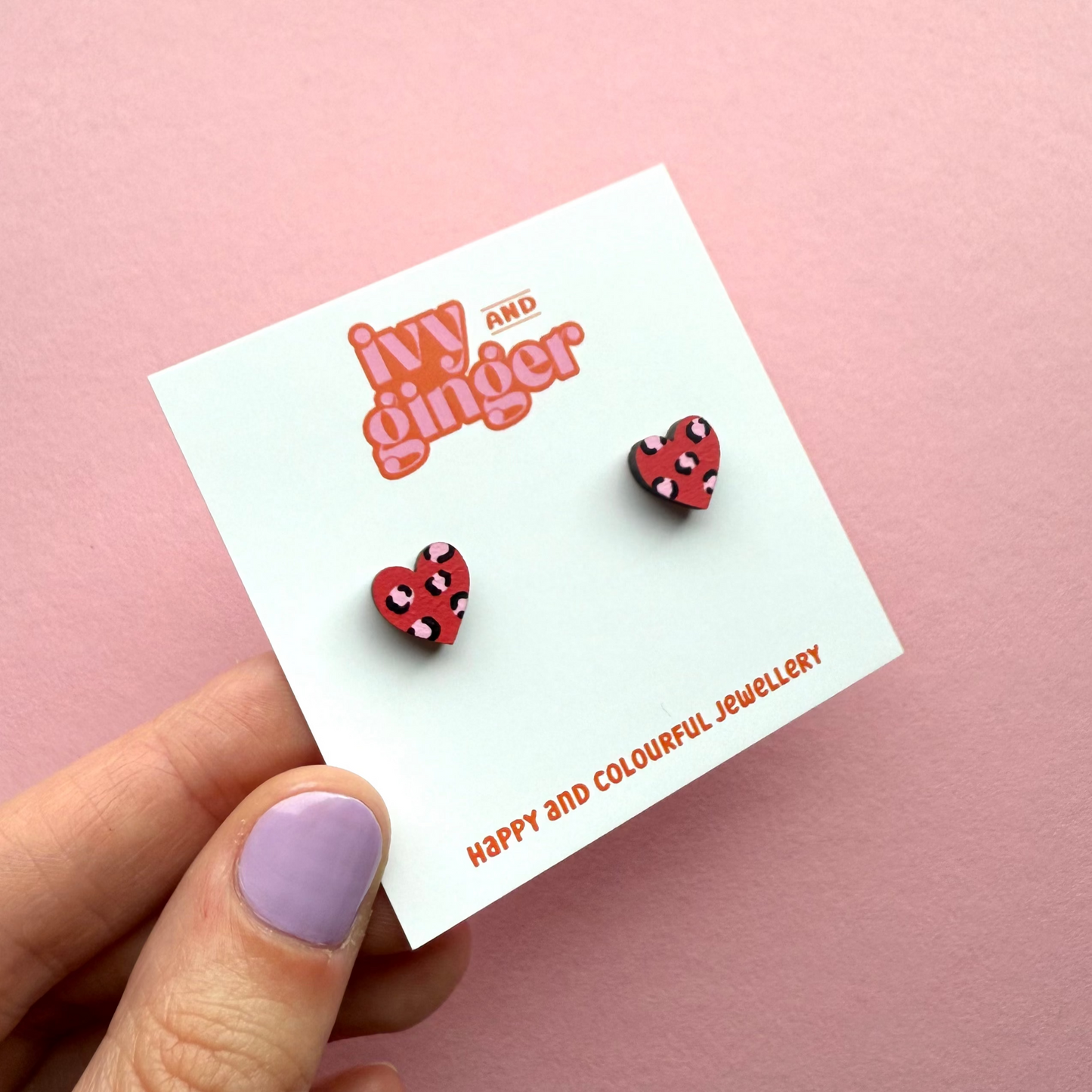 Red and pink leopard print mini heart stud earrings