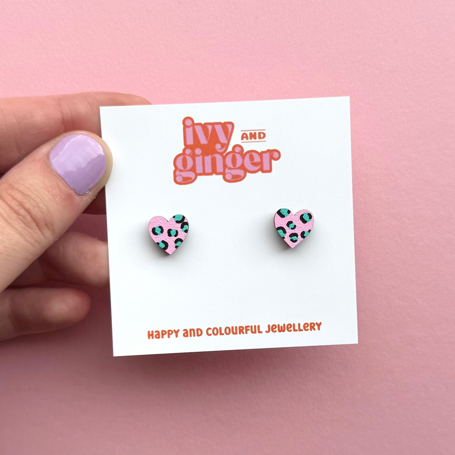 Pink and teal leopard print mini heart stud earrings