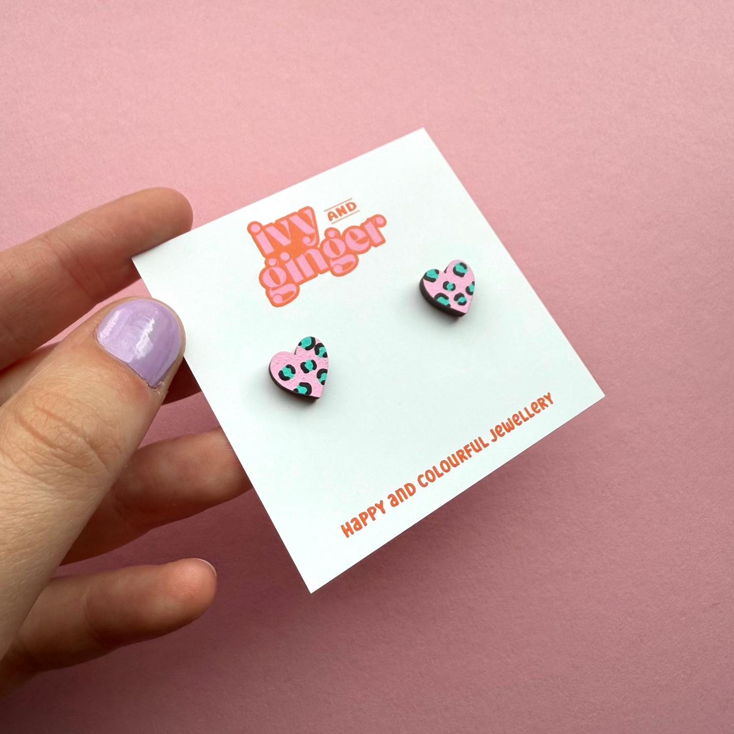 Pink and teal leopard print mini heart stud earrings