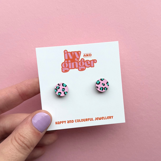 Pink and teal leopard print mini circle stud earrings