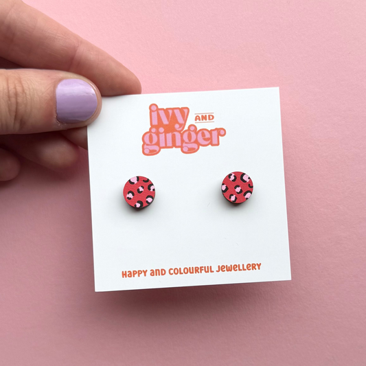 Red and pink leopard print mini circle stud earrings