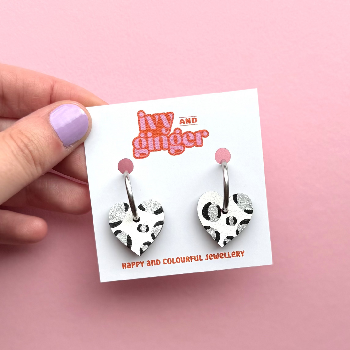 Metallic silver leopard print small heart hoop earrings