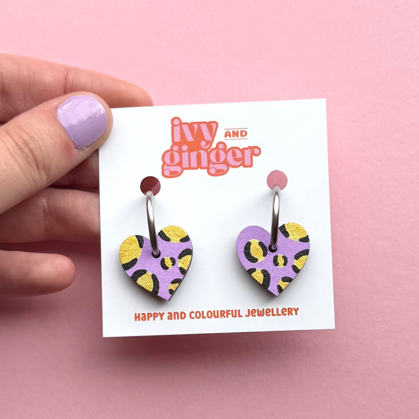 Lilac and gold leopard print small heart hoop earrings