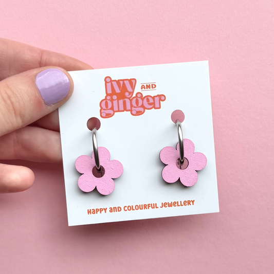 Pink flower hoop earrings