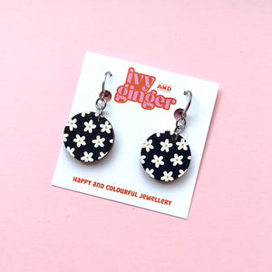 Black and white floral drop dangles