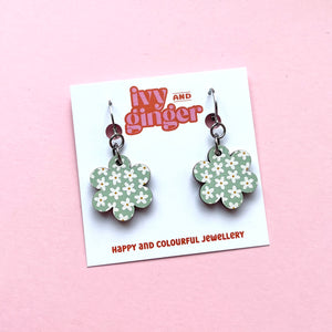 Mint green and white floral drop dangles