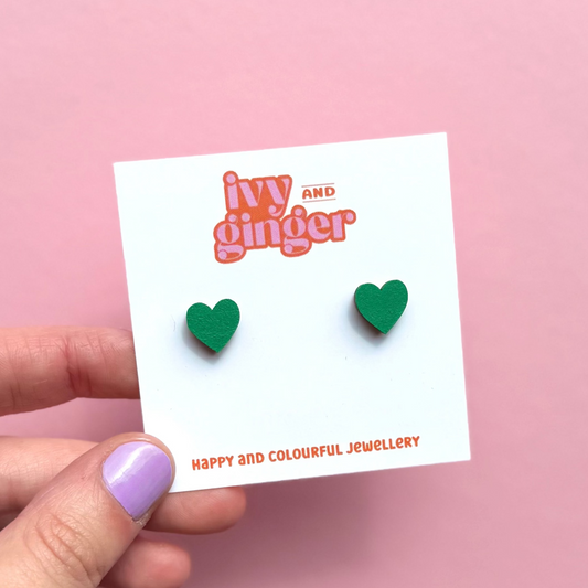 Green mini heart stud earrings
