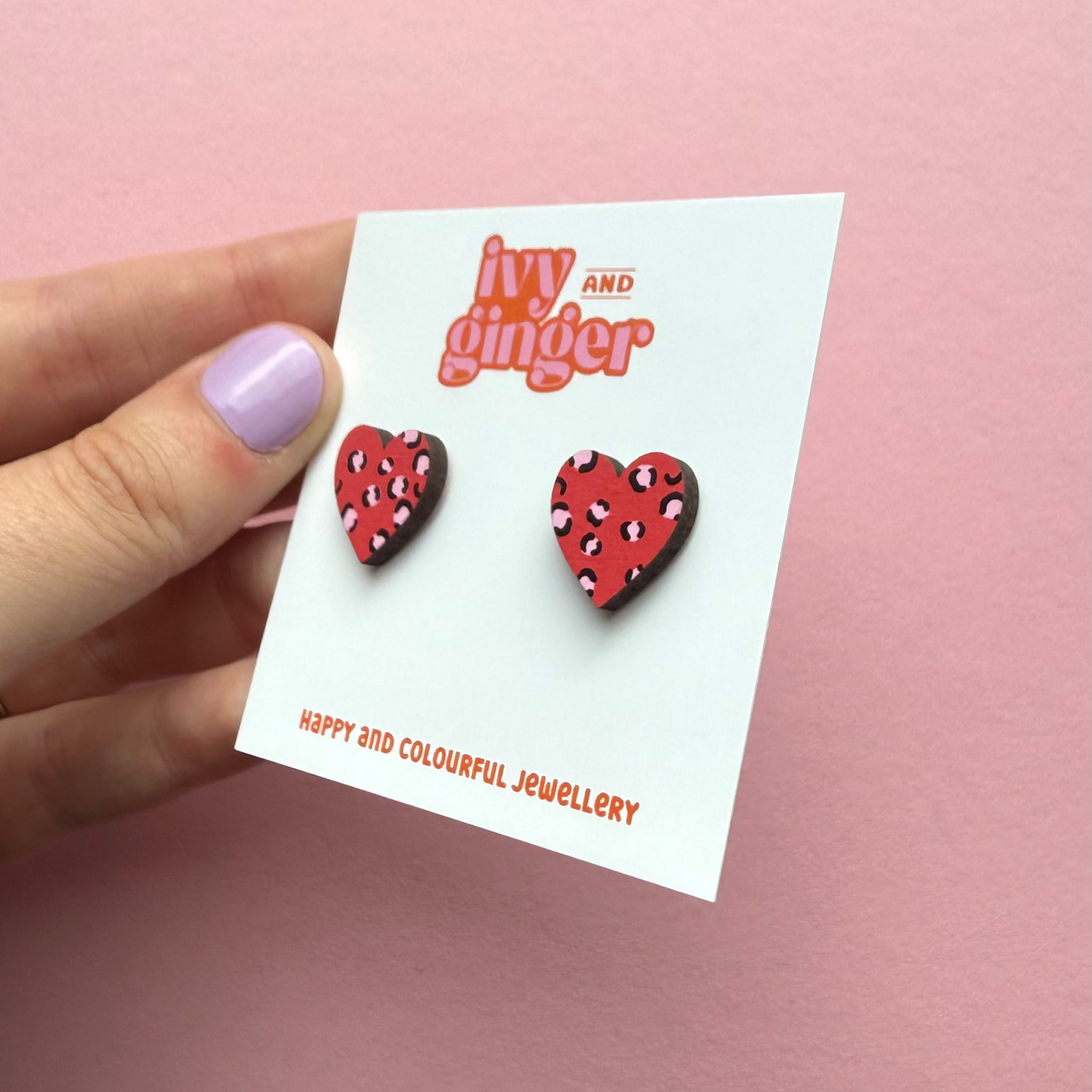 Red and pink leopard print midi heart stud earrings