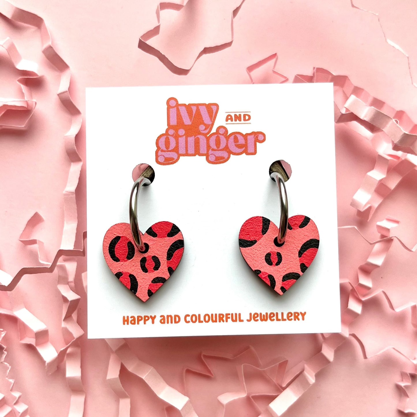 Deep pink and red leopard print small heart hoop earrings