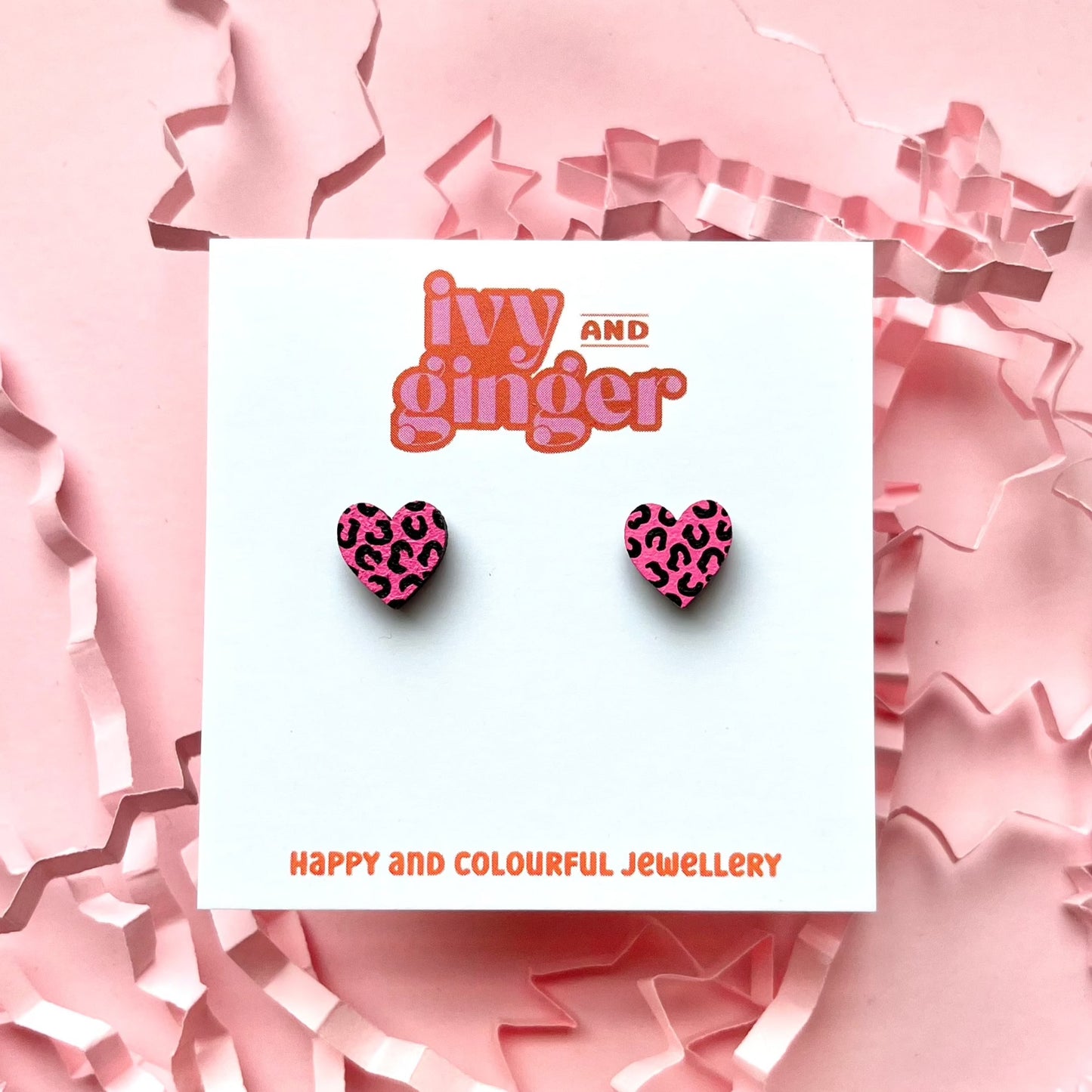 Mini bright pink and black leopard print heart studs