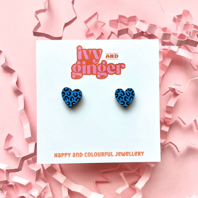 Mini blue and black leopard print heart studs