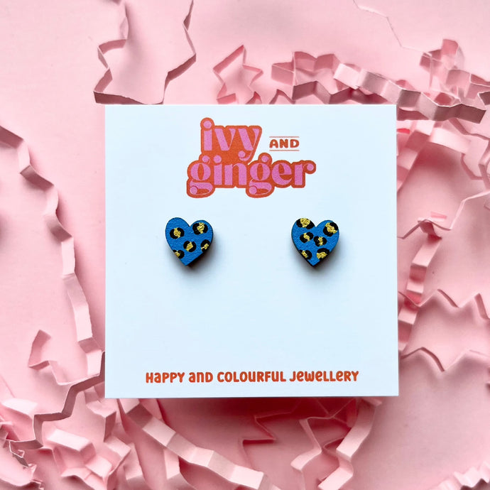 Mini blue and gold leopard print heart studs