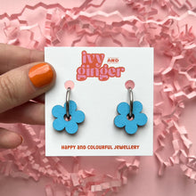 Load image into Gallery viewer, Light blue flower hoop earrings
