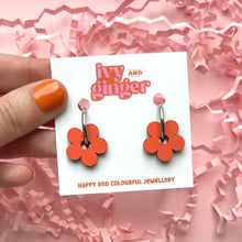 Load image into Gallery viewer, Orange flower hoop earrings
