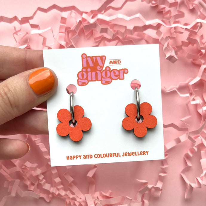 Orange flower hoop earrings