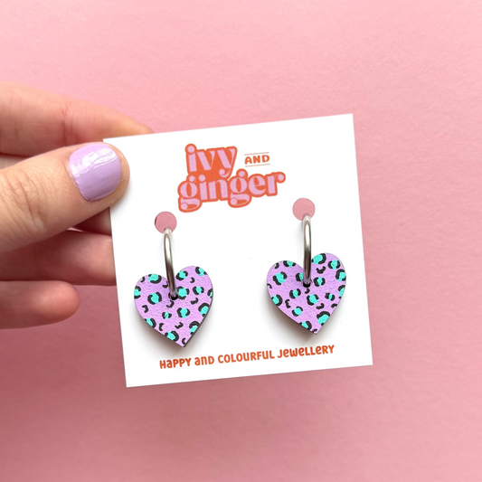 Lilac and teal leopard print small heart hoop earrings