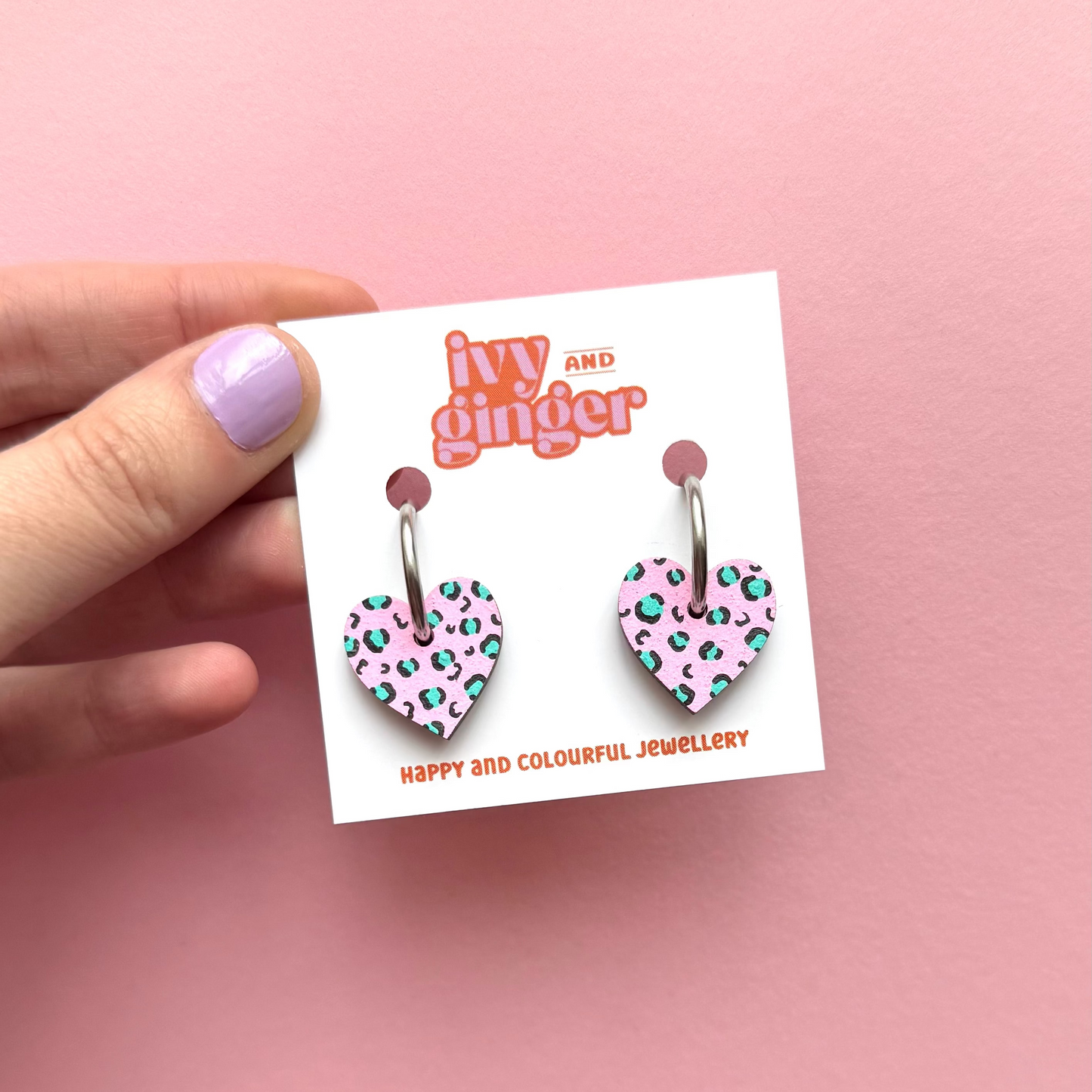 Pink and teal leopard print small heart hoop earrings