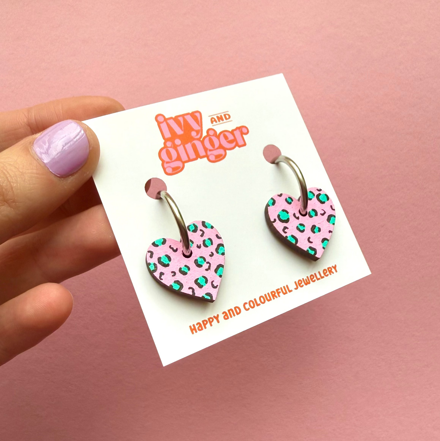 Pink and teal leopard print small heart hoop earrings