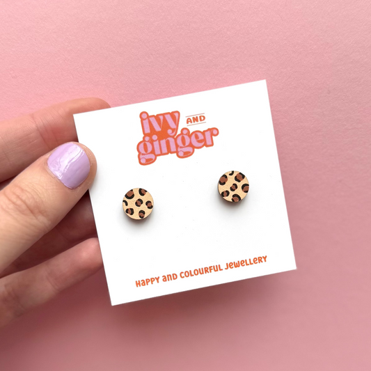 Beige and brown leopard print mini circle stud earrings