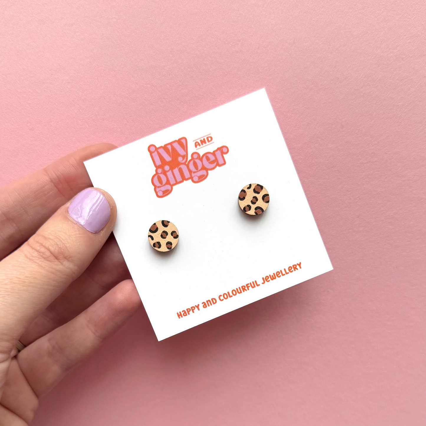 Beige and brown leopard print mini circle stud earrings