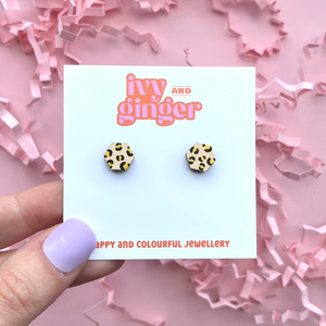 Mini cream and gold hexagon leopard print stud earrings