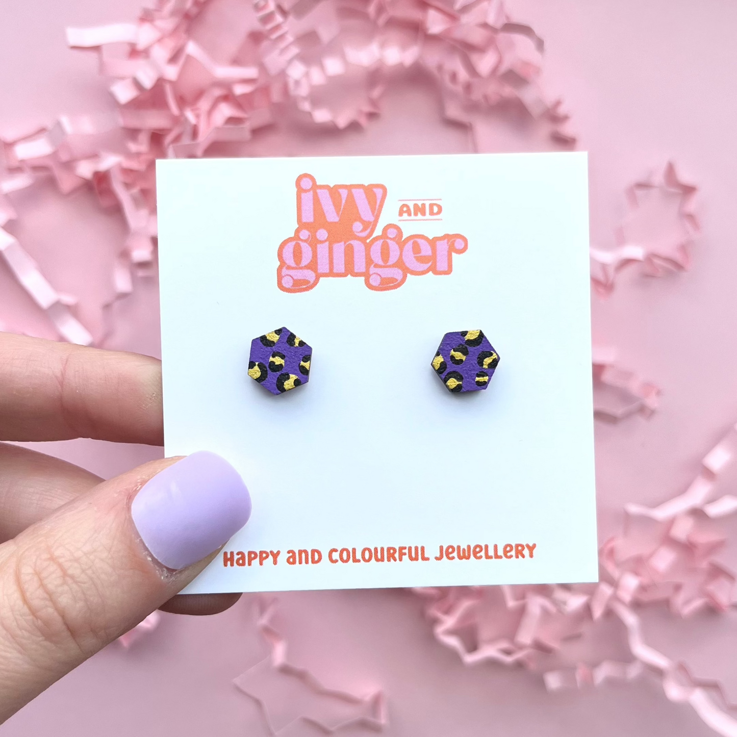 Mini purple and gold hexagon leopard print stud earrings